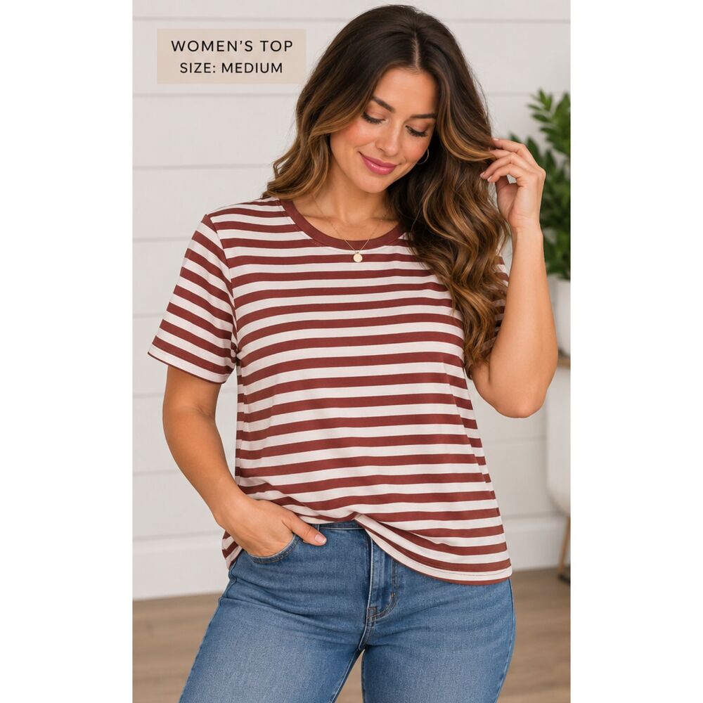 Women's XL Brown Cream Striped Short Sleeve T-Shirt NWOT